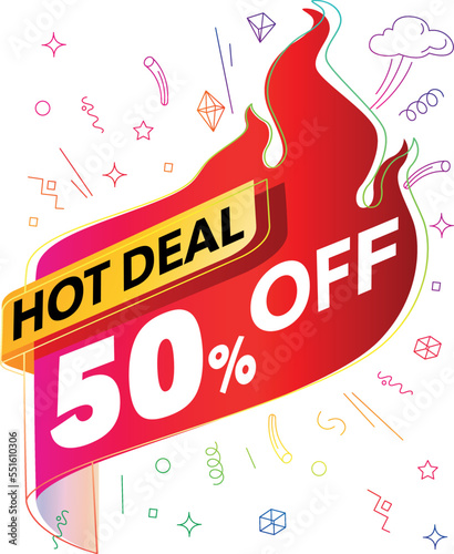 Hot deal 50% off banner in flaming hot background with colorful doodle design. Vector illustration.