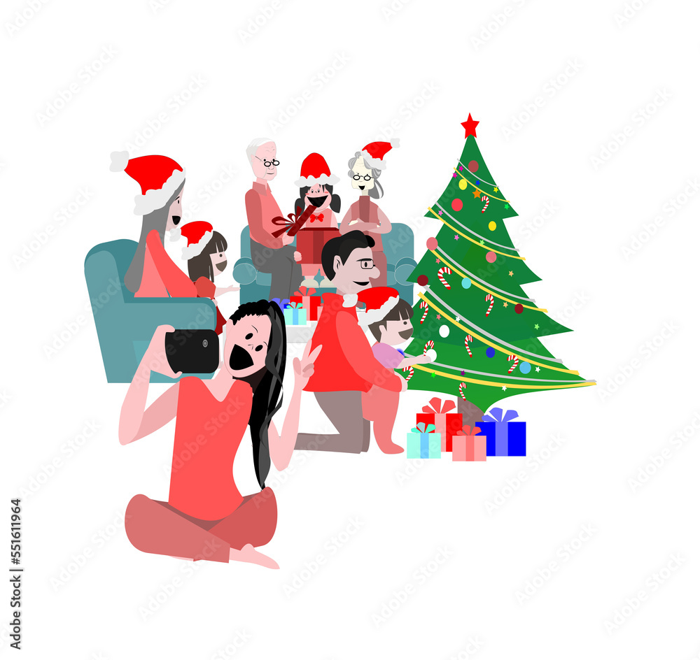 Family from different generations are attending Christmas parties.people cartoon character on transparent background.object for decoration new year concept.