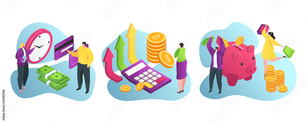Bank services for business and finance flat vector illustration. Piggy bank savings, credits and investments, financial advisor, cashiers. Bank services for business and finance flat vector illustration. Piggy bank savings, credits and investments, financial advisor, cashiers.
