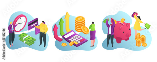 Bank services for business and finance flat vector illustration. Piggy bank savings, credits and investments, financial advisor, cashiers.