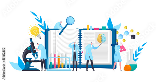 Scientists in discovery lab with book, microscope, experimental science flat vector illustration. Laboratory equipment. Chemical test tube.