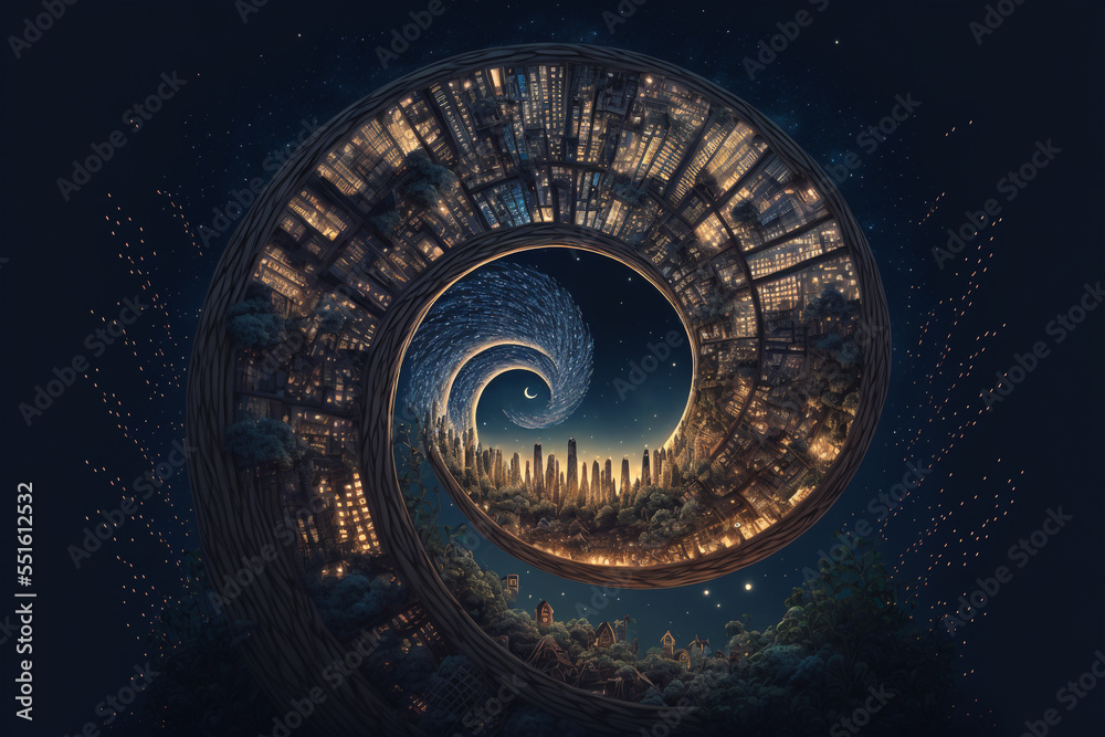 Fibonacci golden spiral illustration. town that build on the spiral ground , way path to other world , other dimension 