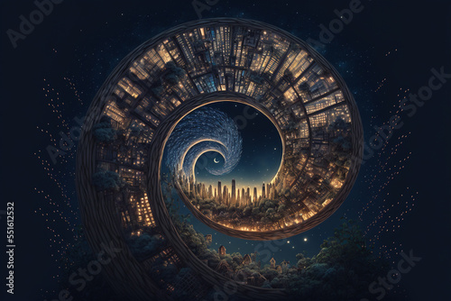 Fibonacci golden spiral illustration. town that build on the spiral ground , way path to other world , other dimension  photo