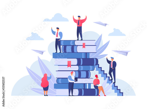 Books, knowledge and people study and read concept, flat vector illustration. Education and school, study and literature. Stack of books and tiny people reading.