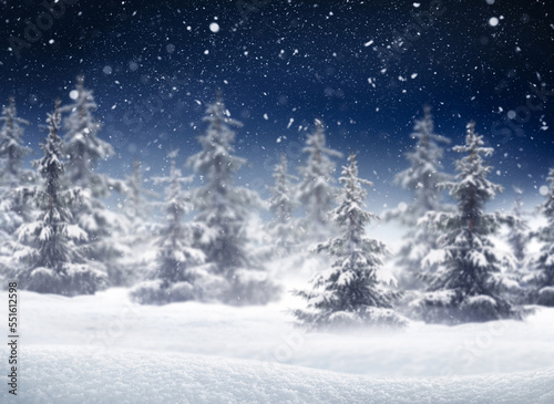 winter background of the night sky and forest, snowdrifts in the foreground