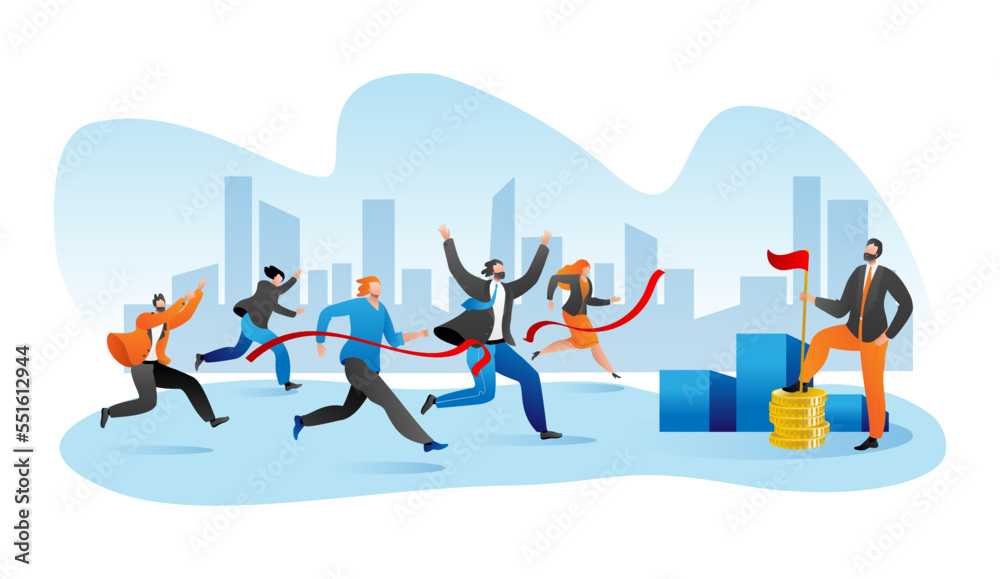 Obraz premium Business marathone race, businesspeople race on track flat vector illustration. Competition in team, corporate succsess. Leadership concept.