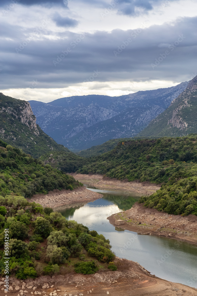 River and Mountain Landscape Nature Background. Sardinia, Italy.
