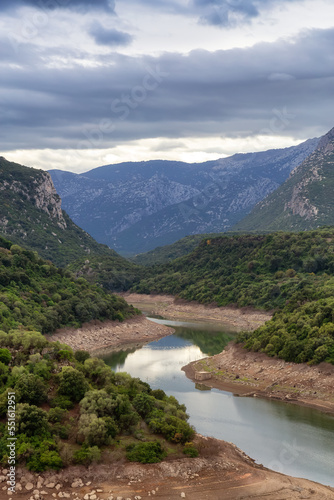 River and Mountain Landscape Nature Background. Sardinia, Italy.