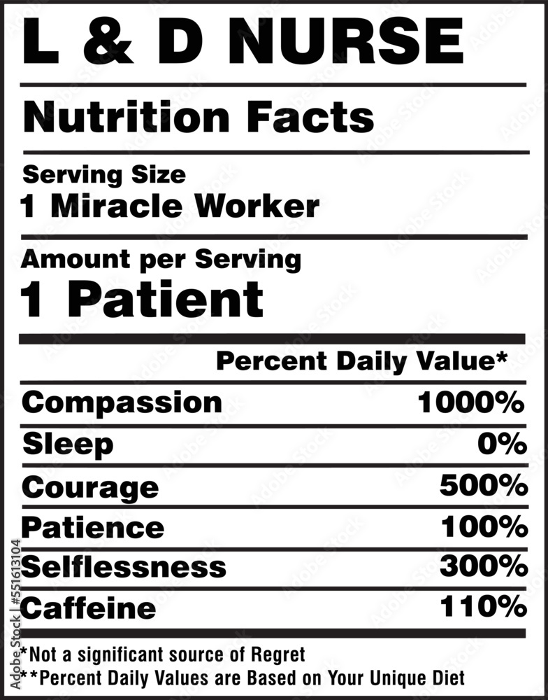 L D Nurse Nutrition Facts Label Vector - obrazy, fototapety, plakaty 