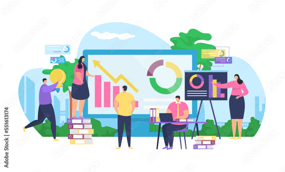 Business strategy analysis and marketing vector illustration. Businessman working with computer with financial strategic concept.
