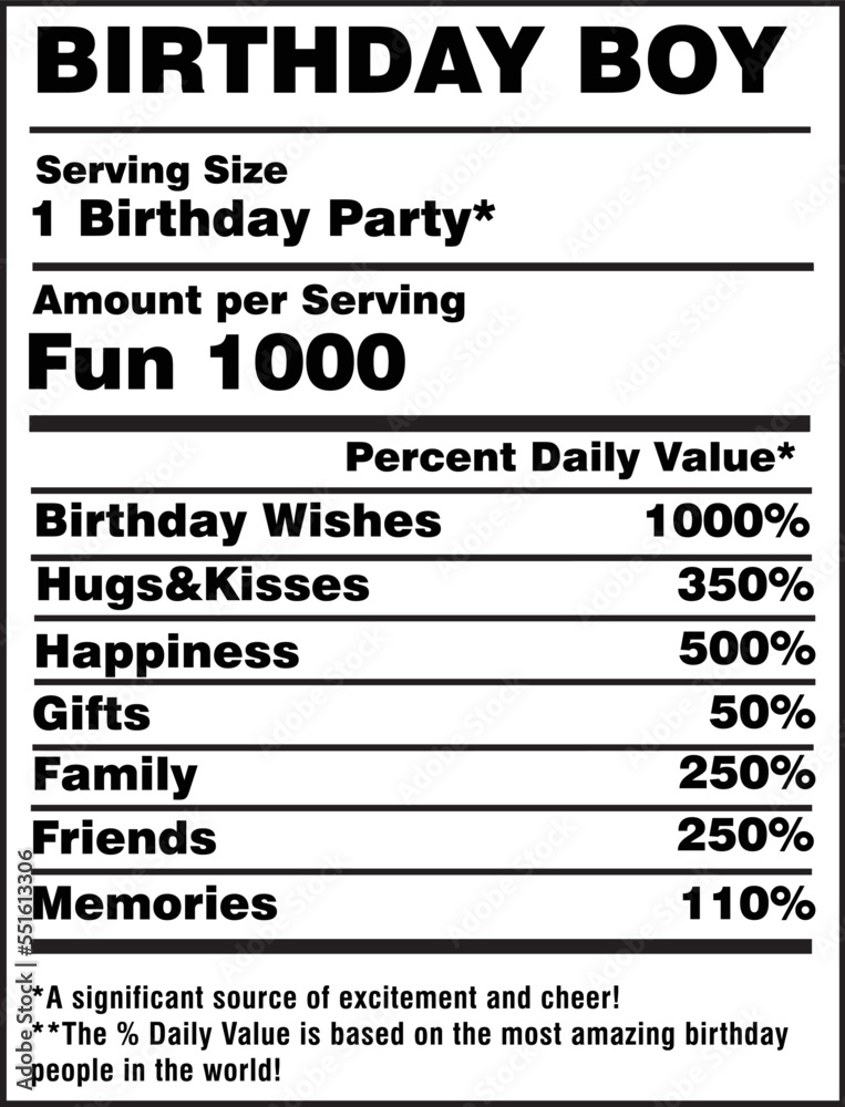 Birthday Boy Nutrition Facts Label Vector Stock Vector