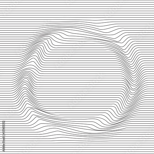 Distorted wave monochrome texture. Abstract dynamical rippled surface. Vector stripe deformation background. Mesh, grid pattern of lines. Black and white illustration.
