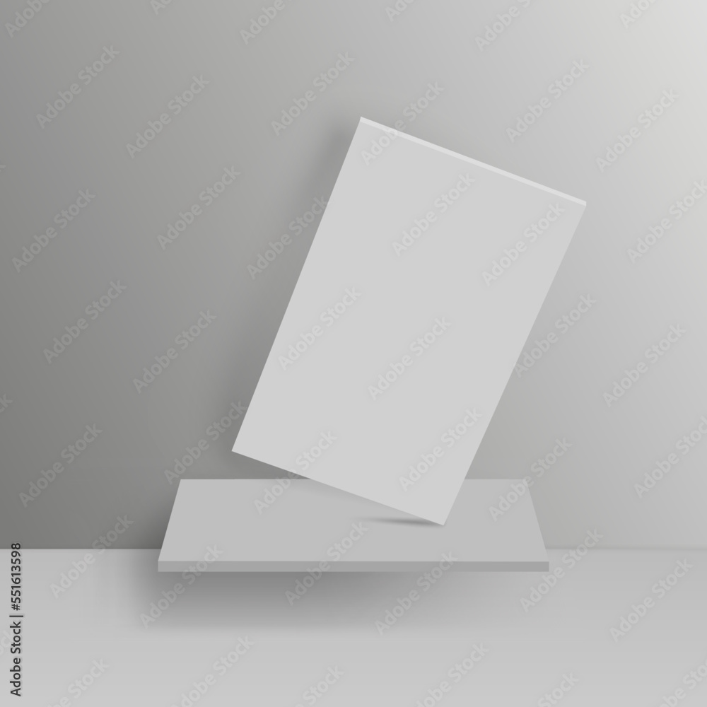 Template blank book on the shelf. Vector mock up realistic brochure, booklet, flyer, leaflet or magazine.
