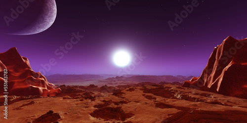 Alien landscape  martian sunset  sun sets over alien surface  3d rendering
