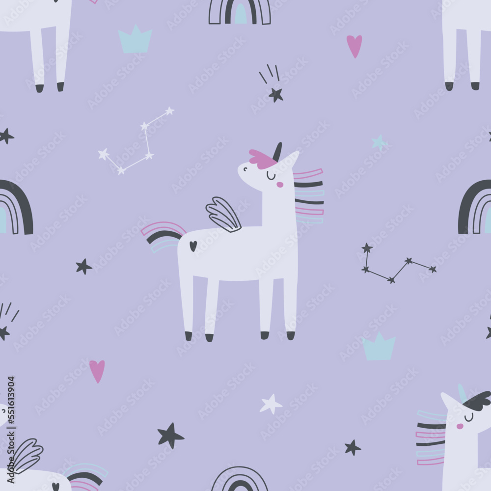 Naklejka premium Cute seamless pattern with unicorn, stars and rainbow on purple background. Vector illustration for printing on fabric, wrapping paper. Cute baby background for girls.
