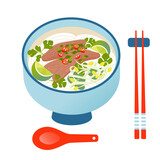 Pho bo Traditional Vietnamese Beef Noodle soup. Asian food vector illustration.