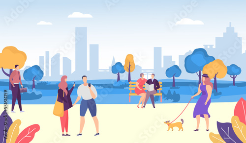 People in park, casual lifestyle vector illustration. Young people having fun, walking the dog, man with suitcase. Casual men and women.