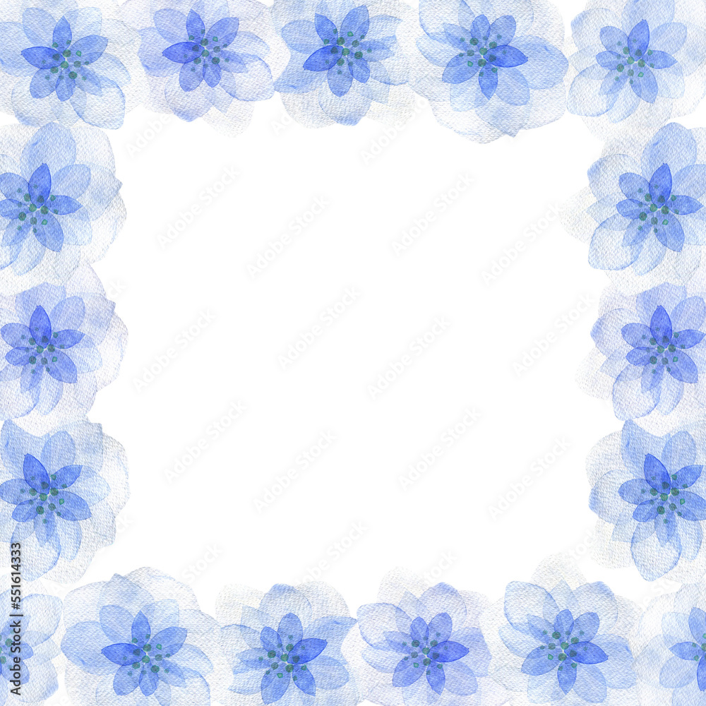 Watercolor frame with large blue flowers and leaves, abstract buds, botanical illustration Watercolor frame with large blue flowers and leaves, abstract buds, botanical illustration