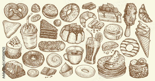 Hand drawn collection sweet desserts. Food and drink sketch set for cafe or restaurant menu. Vintage vector illustration