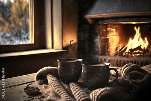 Two mugs of coffee steaming, woolen scarf near cozy fireplace, in country house, winter vacation
