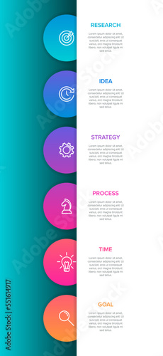 Vertical infographic design with icons and 6 options or steps. Thin line. Infographics business concept. Can be used for info graphics, flow charts, presentations, mobile web sites, printed materials.