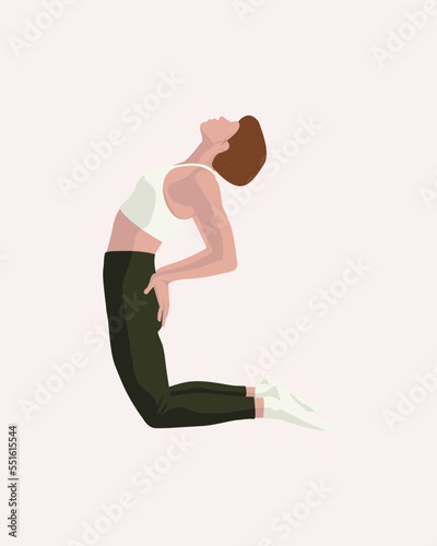 Brown haired girl doing yoga pilates gymnastics sport fitness in white t-shirt and green leggings in faceless style on pale white background	
