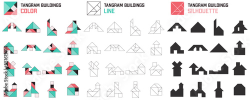 Tangram puzzle for kids. Set of tangram buildings.