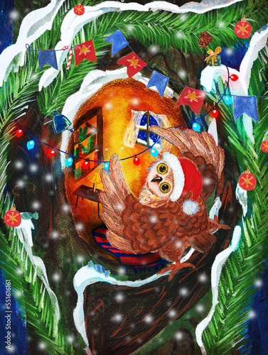 Funny owl decorates a hollow tree for New Year and Christmas. Watercolor illustration in cartoon style. A bright greeting card with copy space.