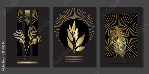 Set of luxury gold wall art. Geometric and line elements, golden leaves, japanese style branches. Abstract minimalist art mural illustration with linear plants on black background