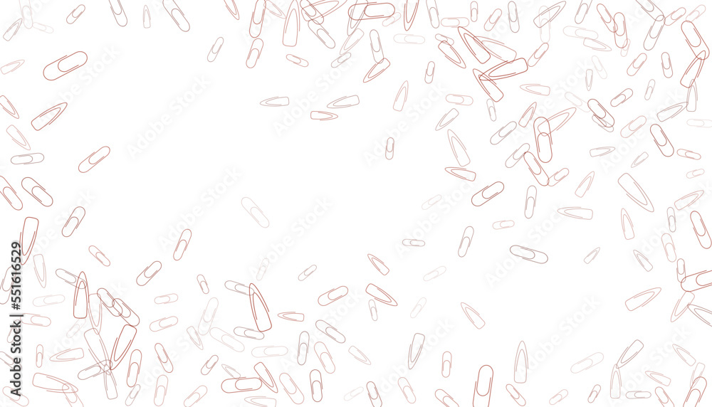 Paper clips are scattered on a white background. Decorative element. Background for design, school and office supplies Paper clips are scattered on a white background. Decorative element. Background for design, school and office supplies