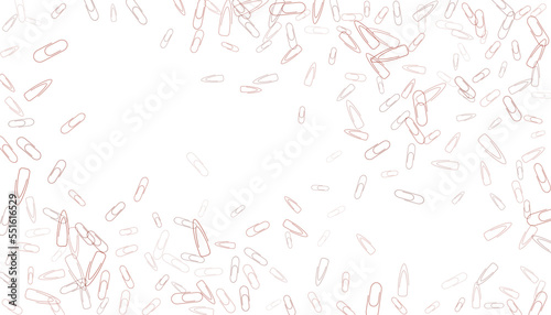 Paper clips are scattered on a white background. Decorative element. Background for design, school and office supplies