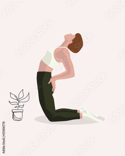 Brown haired girl doing yoga pilates gymnastics sport in white t-shirt and green leggings in faceless style on white background with drawing flowers	