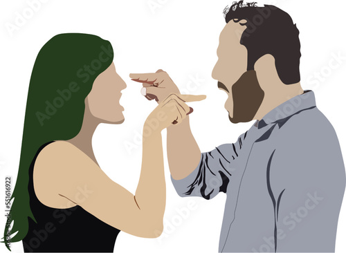 angry people and face illustration of anger and pointing fingers at each other. Arguing male and female isolated on transparent background. Emotional and temperament faces