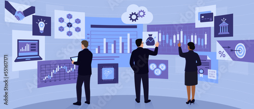 Business people interacting with user interfaces in virtual reality