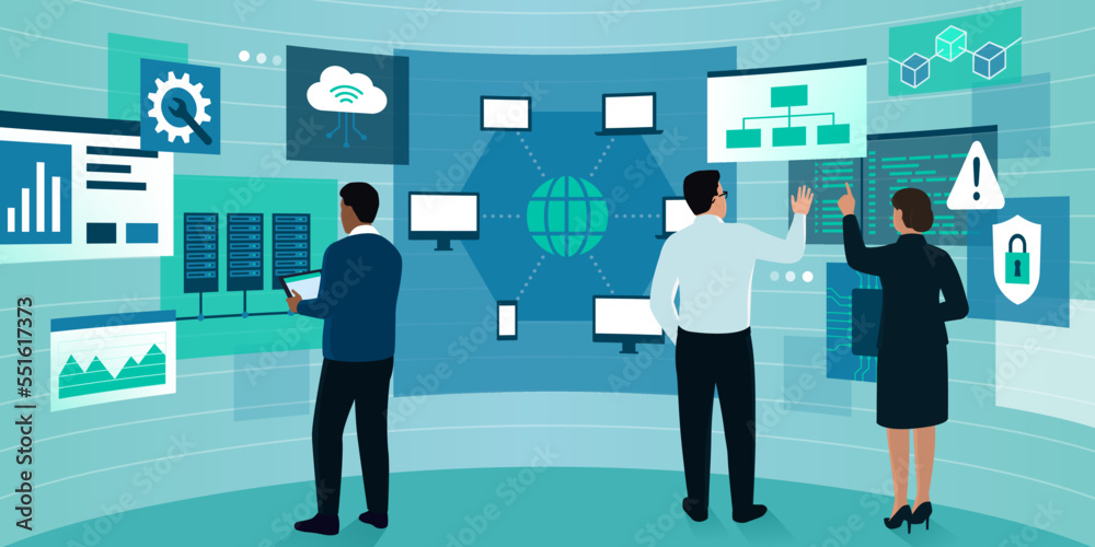 Engineers interacting with virtual screens and IT concepts