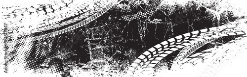 Vector Print Textured Tire Track banner. Design Element . Car tread silhouette . Mud splash grunge texture. Drift show
