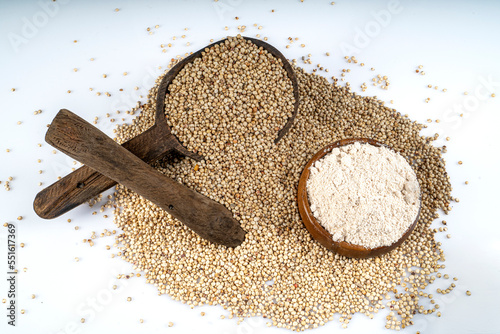 Obraz na płótnie Top view of Sorghum grains and sorghum flour on white background,Healthy food so
