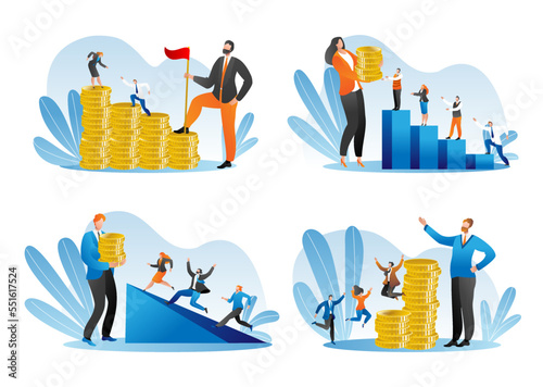 Financial support, money investment set of isolated on white vector illustration. Businessman gives people gold coins financing.
