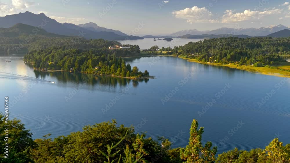 National park Nahuel Huapi, view from punto panoramico at sunset. Lake district in Argentina, Patagonia near Bariloche. Summer landscape with lakes, forest and mountains. 4K UHD