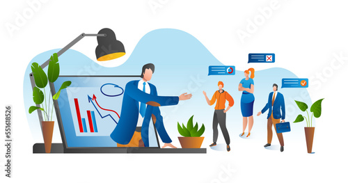 Online conference, business video meeting, task vector illustration. Businessman on computer screen taking with colleague. Videoconferencing.