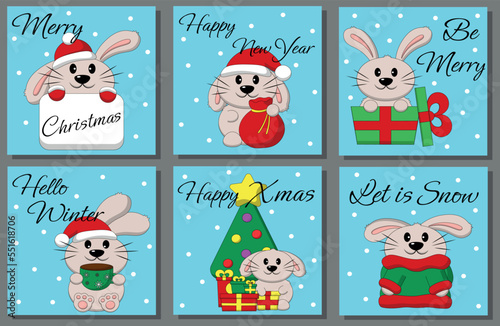 Set Christmas greeting card with cute Rabbit