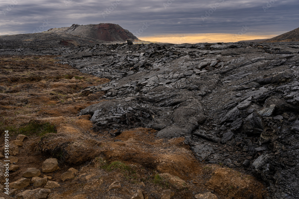 Fagradalsfjall volcano and lava field at Reykjanes, Iceland. Huge lava field from an eruption in 2021