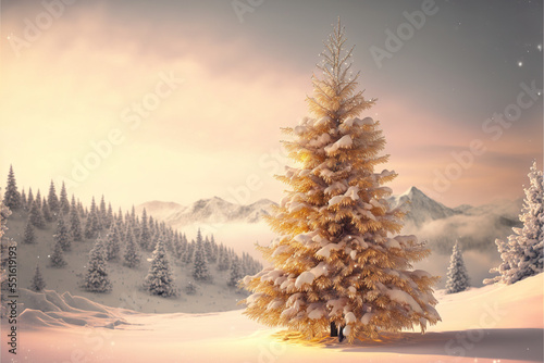 Winter snowy illustrated landscape with a big golden shiny Christmas tree. New Year's morning. Festive atmosphere on the mountain. Generated AI. © Uncanny Valley