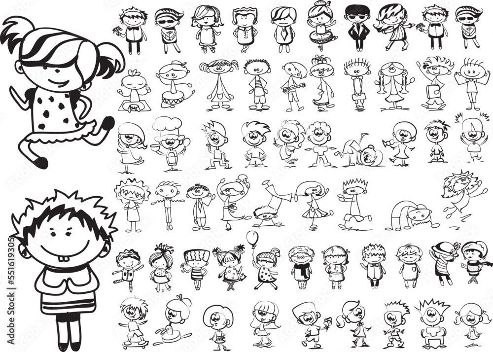 Doodle sketchy happy kids jumping with joy, black and white outline