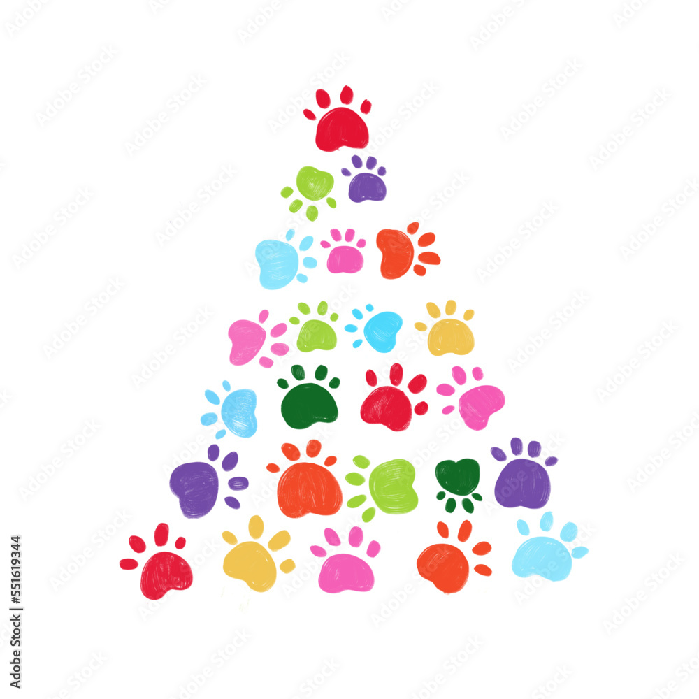 Made of colorful hand drawn paw print Christmas tree