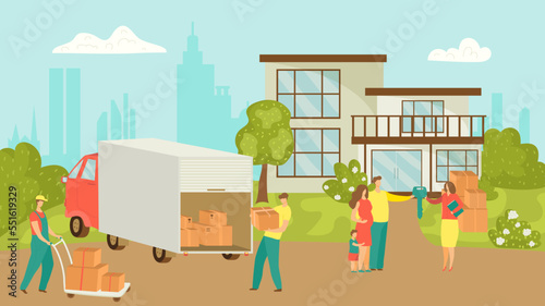 People moving house vector illustration of happy family moving house and taking boxes into truck. New home relocation. Move service.