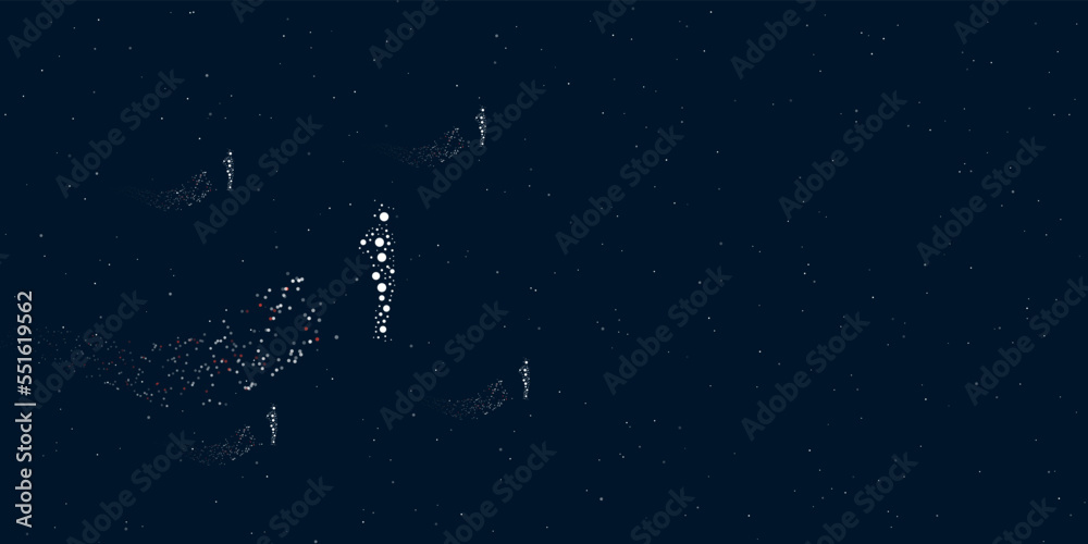 A sexy witch symbol filled with dots flies through the stars leaving a trail behind. There are four small symbols around. Vector illustration on dark blue background with stars