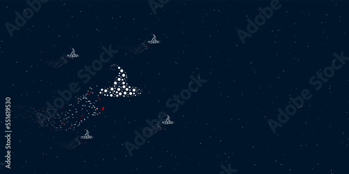 A witch hat symbol filled with dots flies through the stars leaving a trail behind. Four small symbols around. Empty space for text on the right. Vector illustration on dark blue background with stars