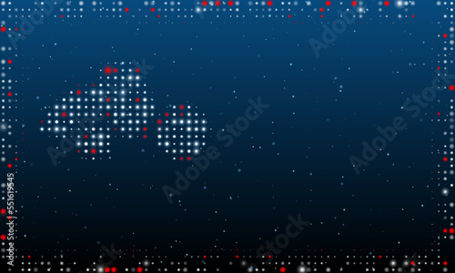 On the left is the road roller symbol filled with white dots. Pointillism style. Abstract futuristic frame of dots and circles. Some dots is red. Vector illustration on blue background with stars