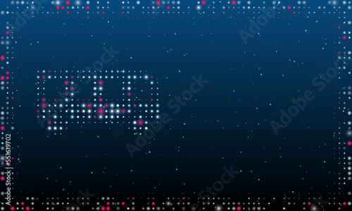 On the left is the bus symbol filled with white dots. Pointillism style. Abstract futuristic frame of dots and circles. Some dots is pink. Vector illustration on blue background with stars